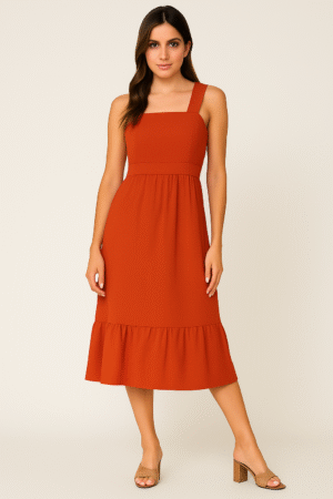 Vestido Midi Reto Com Babado Alças Largas e Elástico Franzido nas Costas